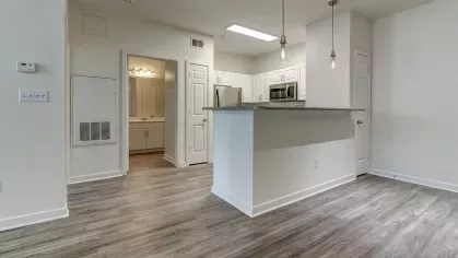 View of The Saulet Apartments’ kitchen and bathroom layout from spacious living area with contemporary flooring.