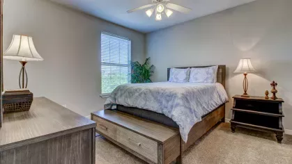 Comfortable bedroom with ceiling fan, natural light, and plush carpeting at The Saulet Apartments in New Orleans.