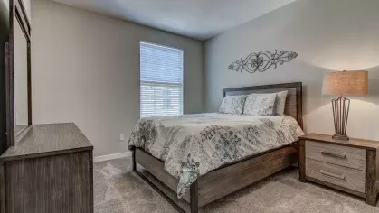 Furnished bedroom with neutral tones, plush carpet, and natural light at The Saulet Apartments in New Orleans.