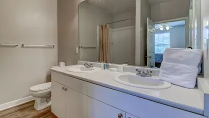 Modern bathroom with dual sinks, a large mirror, and wood-style flooring at The Saulet Apartments.