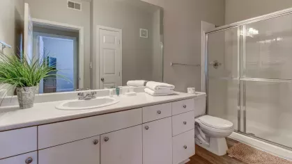 Bright bathroom with glass-enclosed walk-in shower, large vanity, and sleek finishes at The Saulet Apartments in New Orleans.