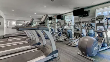 Modern cardio room at The Saulet with treadmills and elliptical machines overlooking the Lower Garden District.