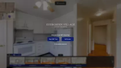 Image of an apartment kitchen overlayed with buttons to start a 360 virtual tour of that apartment