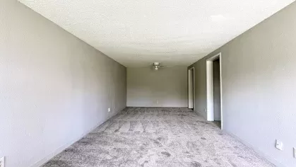 Long, open living space with soft gray carpet, ceiling fan, and two adjacent doorways, offering flexible layout options at Astorwood Apartments.