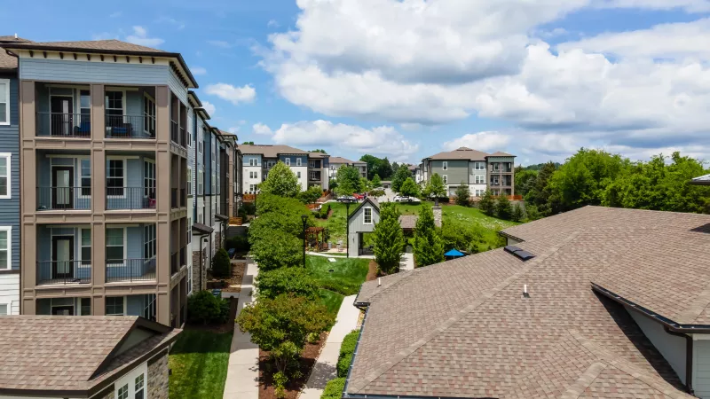 Aerial view of Avery at Turkey Creek community pathways and landscaped green spaces.