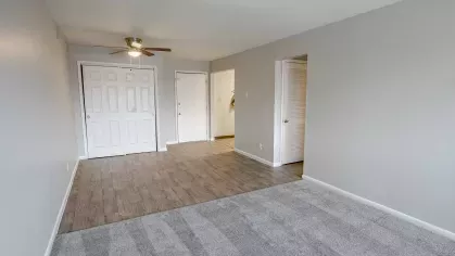 Cozy bedroom at Montgomery Plaza Apartments with plush carpeting, large closet, and natural light.