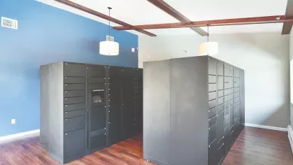 Secure package lockers at Royal Crest Estates Marlboro with electronic access in resident clubhouse