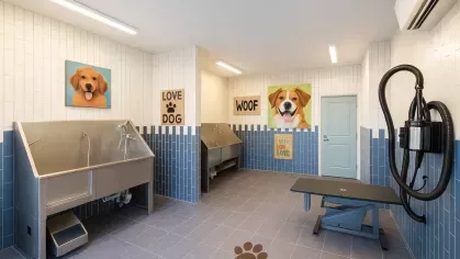 Interior of Tropia Wellen Park’s pet spa featuring stainless steel dog washing stations, grooming table, blue-and-white tiled walls, and cheerful dog-themed wall art.