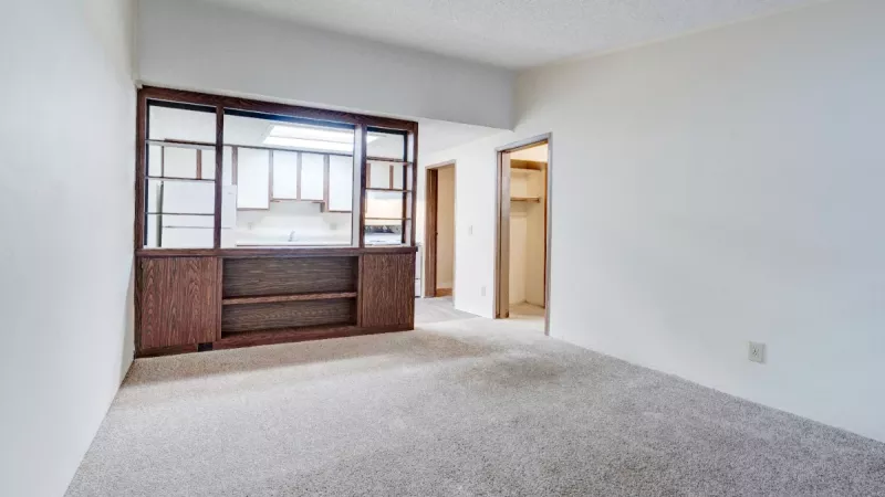 Open living area featuring a built-in wood divider with shelving that separates the kitchen from the carpeted living space.