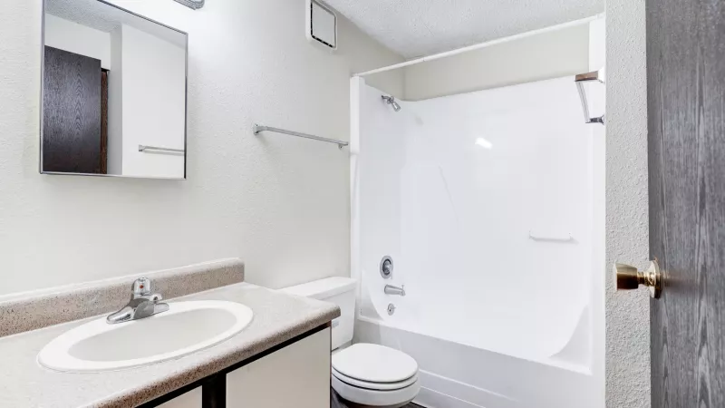 Bright bathroom with large mirror, single sink vanity, and white tub-shower combo.