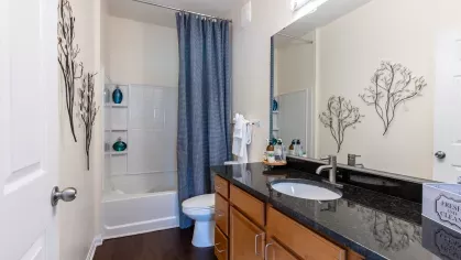 Bright bathroom with shower/tub combination. 
