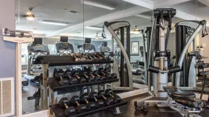 Weights area of the gym with large ceiling to floor mirrors and multiple workout machinery. 