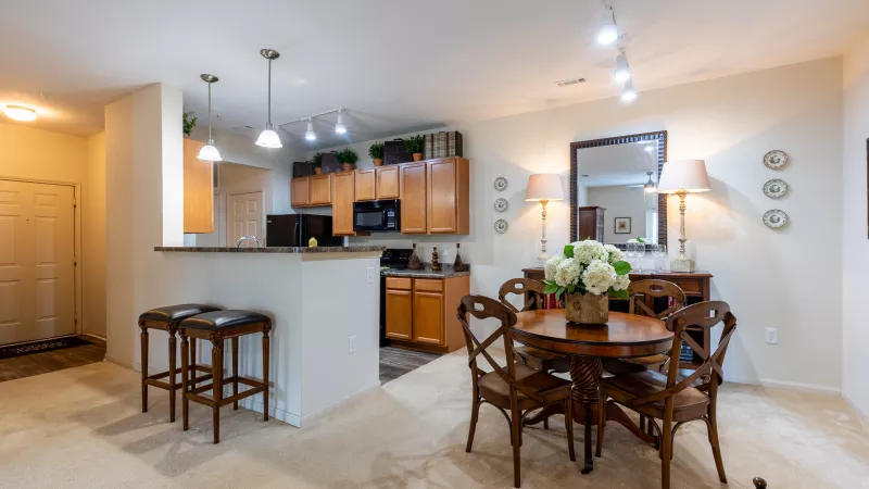 Open kitchen concept with eating area attached.