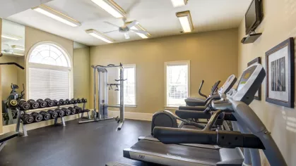 A bright fitness center with cardio machines like treadmills and ellipticals in the foreground. The free weights area is visible in the background by a large window.