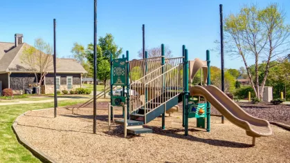 The community playground amenity, featuring a playset with a slide. The play area is set on a bed of wood chips with a grassy lawn nearby.