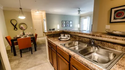 Open-concept apartment kitchen with granite-style countertops and double sink overlooking the dining area with modern décor.