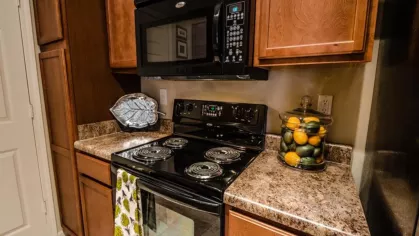 Contemporary kitchen featuring black appliances, wood cabinetry, and granite-style countertops.