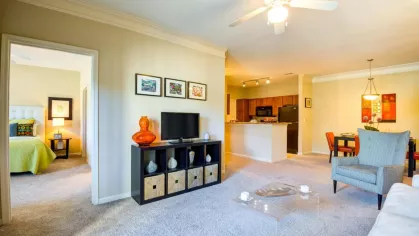 Spacious apartment living area with ceiling fan, open kitchen, and dining space near a cozy bedroom.