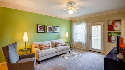 Modern living room with green accent wall, neutral sofa, and large windows for natural light.
