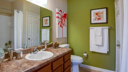 Apartment bathroom with green accent wall, granite-style vanity, and modern lighting.