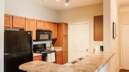 Modern apartment kitchen with wood cabinets, black appliances, and granite-style countertops under warm lighting.