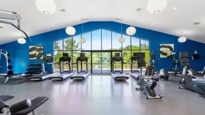 Fitness center with treadmills, stationary bikes, and weight machines facing large windows overlooking trees.
