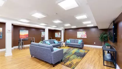 Community lounge with gray sofas, colorful artwork, and wood-style flooring for casual gatherings.