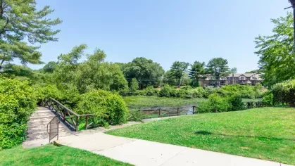 Scenic walking path with wooden bridge crossing a pond, surrounded by trees and apartment buildings in the distance.