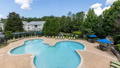 Large, sparkling resort swimming pool.