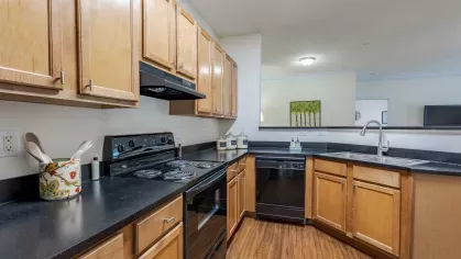 Large, bright kitchen with ample amount of storage.
