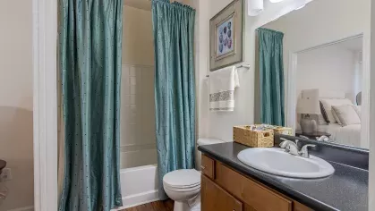 Open, bright primary bathroom with shower/tub combination. 
