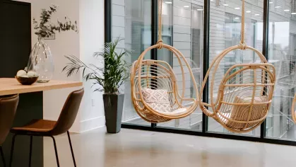 Bright lounge area with two hanging rattan chairs, floor-to-ceiling windows, and a tall potted plant.