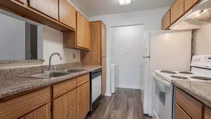 Bright kitchen with ample cabinet space. 
