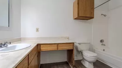Large bathroom with tub/shower combination.