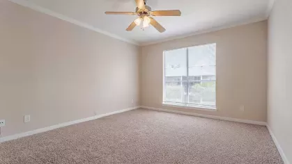 Bright, open bedroom with overhead ceiling fan and light fixture. 