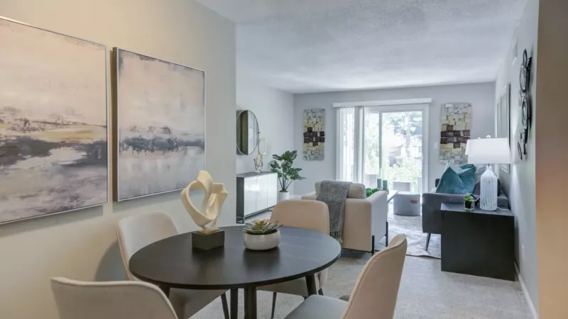 Open dining area attached to the living room and kitchen.