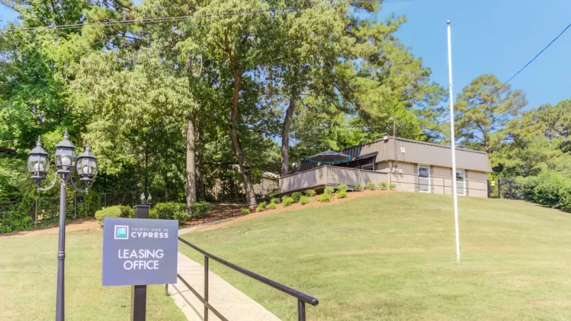 Well-manicured walking area located near the main leasing office.