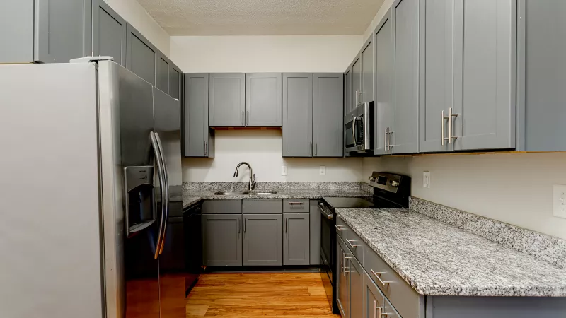 Modern kitchen with gray cabinets, speckled granite countertops, stainless steel appliances, and warm hardwood floors.