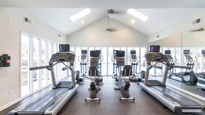Bright, modern gym with treadmills, stationary bikes, large windows, vaulted ceiling, and mirrored walls.