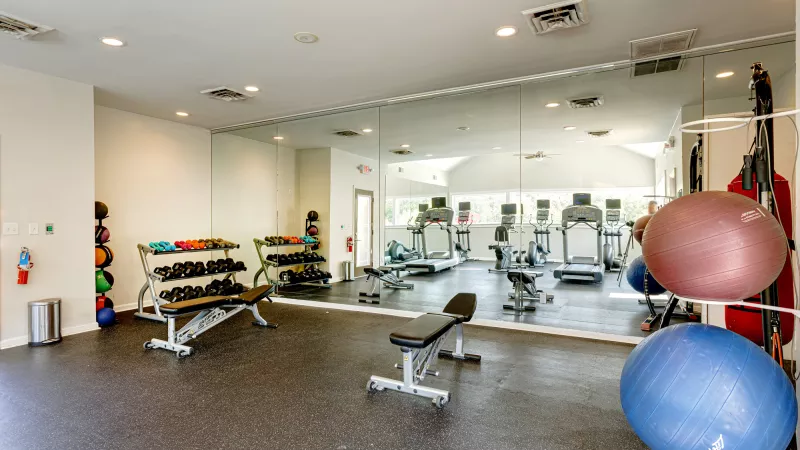 Bright, modern gym with dumbbells, a weight bench, exercise balls, and a wall of mirrors reflecting treadmills.