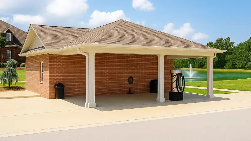 Red brick self-service car vacuum station with a tan roof and open bay. Sunny day, green lawn and pond in background.