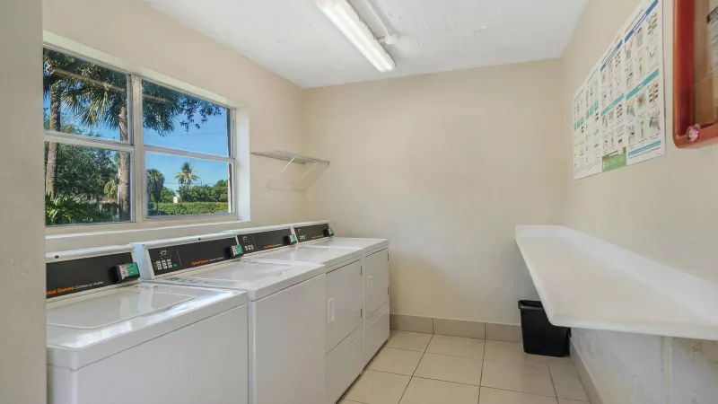 Laundry room with four white coin-operated machines, a window overlooking palm trees, and a folding station.