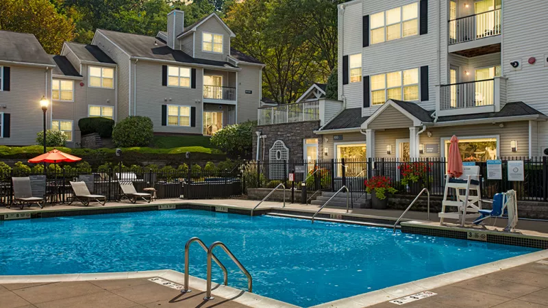 Twilight image of resort style pool.