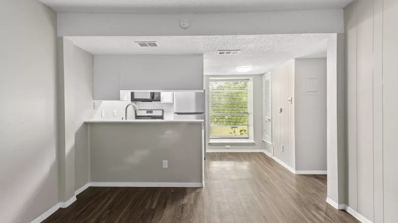 Flats at Berkman open concept kitchen and living room.