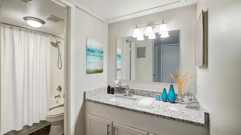 Bright, updated bathroom with oversized granite countertop and separate toilet and shower area.
