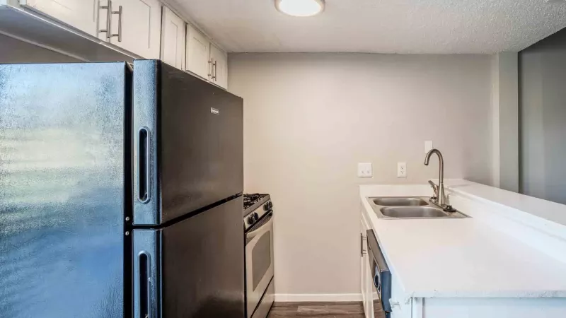 Updated kitchen with sleek appliances, and open concept.