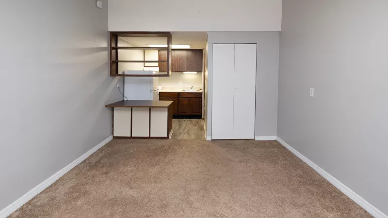 Empty studio apartment with brown carpet, gray walls, a small kitchen, and a built-in counter with shelves.