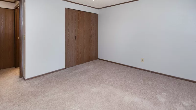 Empty bedroom with light brown carpet, white walls, dark wood trim, bi-fold closet doors, and a ceiling fan.