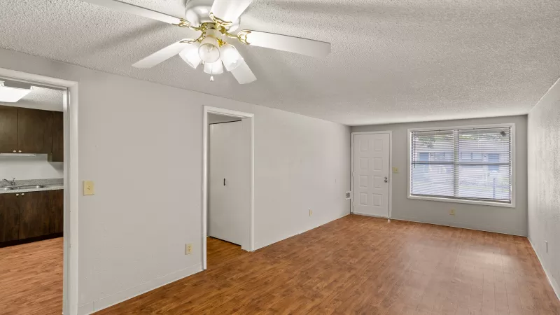 Empty living room with light gray walls, wood-look floor, and ceiling fan. Kitchen and bathroom visible through doorways.