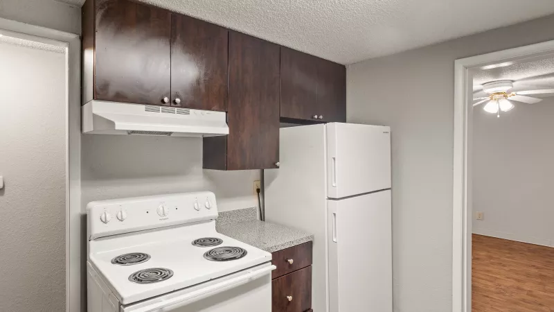 Compact kitchen with white stove, refrigerator, dark wood cabinets, and light gray walls. Doorway to a living area.